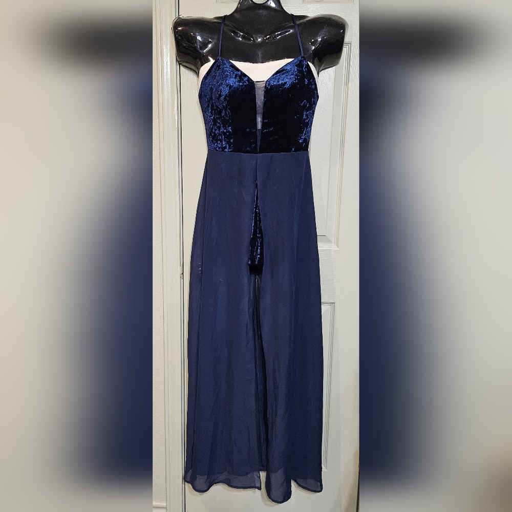 Teeze Me Midnight Blue Velvet Short Romper Maxi Dress